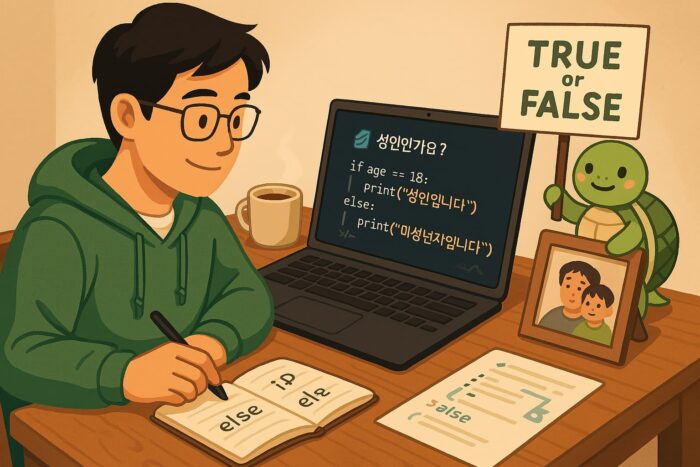 파이썬 조건문 if와 else를 배우는 초보 개발자가 책상에서 코딩하고 있으며, 옆에 'TRUE or FALSE' 팻말을 든 거북이가 등장하는 따뜻한 분위기의 일러스트