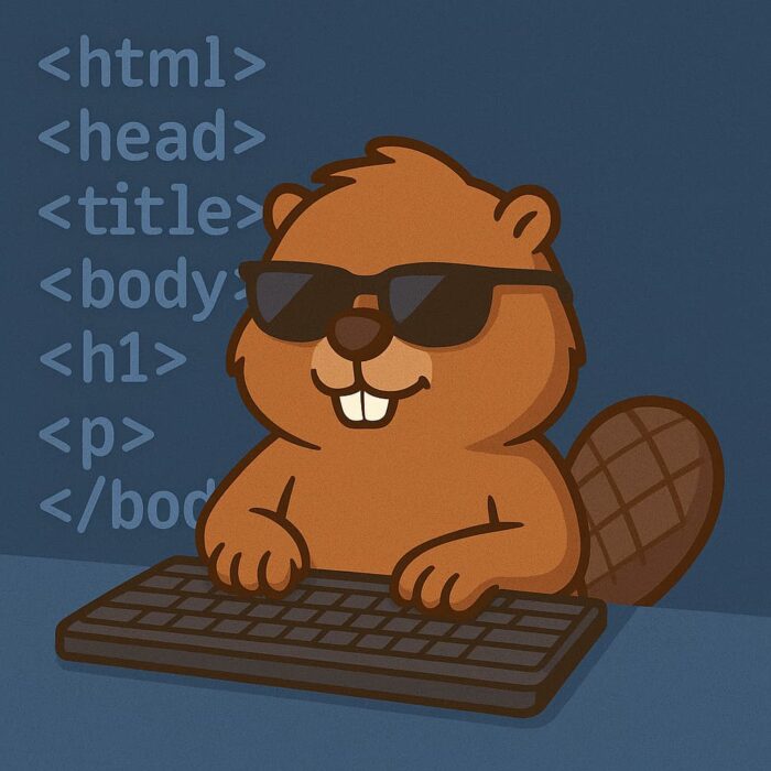 선글라스를 낀 HTML 비버가 키보드를 두드리며 코딩하는 모습