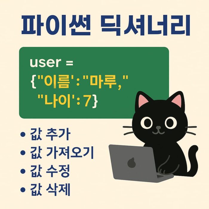 파이썬 딕셔너리 사용법을 소개하는 교육용 그래픽, 검정색 귀여운 고양이 캐릭터가 변수와 딕셔너리 키/값 예제를 설명하는 모습