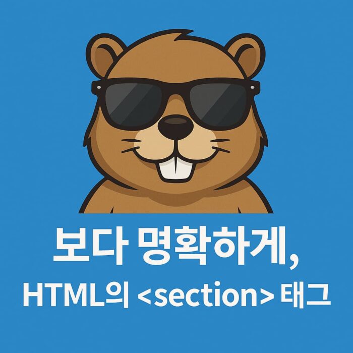 HTML 섹션 구조를 설명하는 시크한 비버 캐릭터의 삽화 이미지